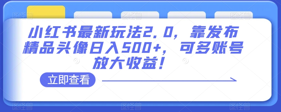 小红书最新玩法2.0，靠发布精品头像日入500+，可多账号放大收益！【揭秘】-成可创学网