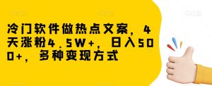 冷门软件做热点文案，4天涨粉4.5W+，日入500+，多种变现方式【揭秘】-成可创学网