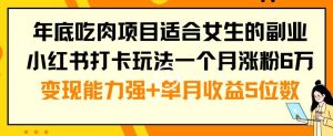 年底吃肉项目适合女生的副业小红书打卡玩法一个月涨粉6万+变现能力强+单月收益5位数【揭秘】-成可创学网