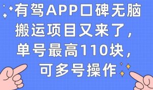有驾APP口碑无脑搬运项目又来了，单号最高110块，可多号操作-成可创学网