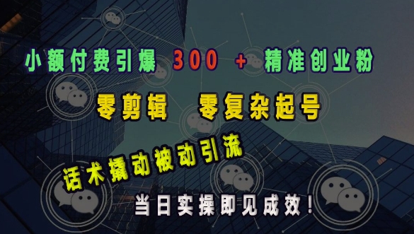 小额付费引爆 300 + 精准创业粉，零剪辑、零复杂起号，话术撬动被动引流，当日实操即见成效-成可创学网