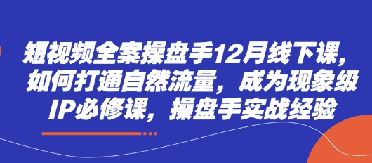 短视频全案操盘手12月线下课，如何打通自然流量，成为现象级IP必修课，操盘手实战经验-成可创学网