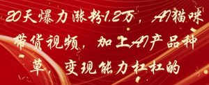 20天爆力涨粉1.2W，AI猫咪带货视频，加上AI产品种草，变现能力杠杠的-成可创学网