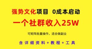 强势文化项目，一个社群收入25个W，0成本启动，可矩阵批量操作，原创详细实操教程-成可创学网
